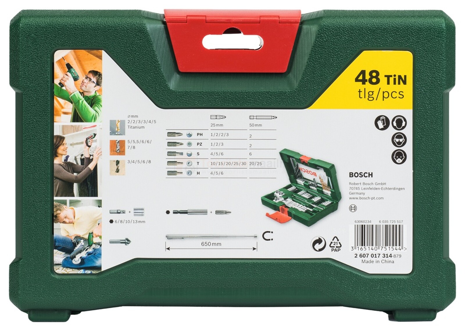 Pildil on rohelises kohvris 48-osaline Bosch tarvikute komplekt, mis sisaldab erinevaid otsikuid ja tarvikuid.